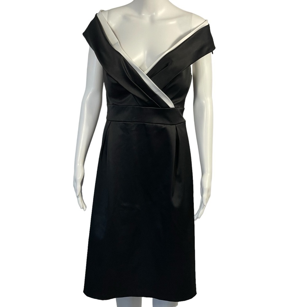 Victor Costa Vtg Black White Stretch Satin V Neck Sleeveless Cocktail Dress Sz 8